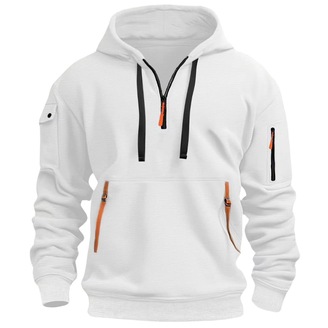 Detalhe do hoodie masculino com capuz, cordões ajustáveis e bolsos frontais com zíper, para praticidade.