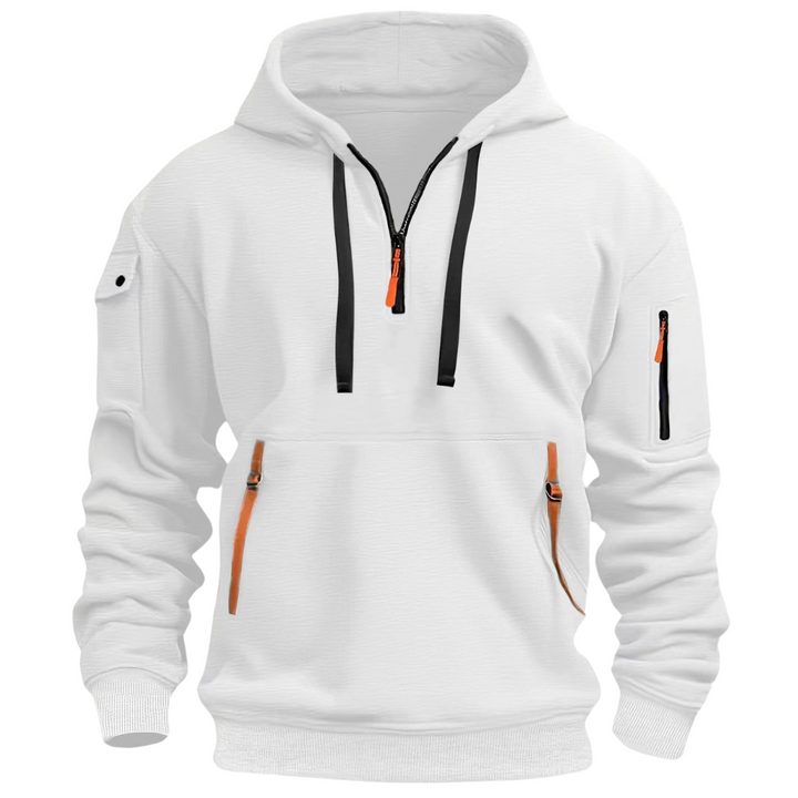 Detalhe do hoodie masculino com capuz, cordões ajustáveis e bolsos frontais com zíper, para praticidade.