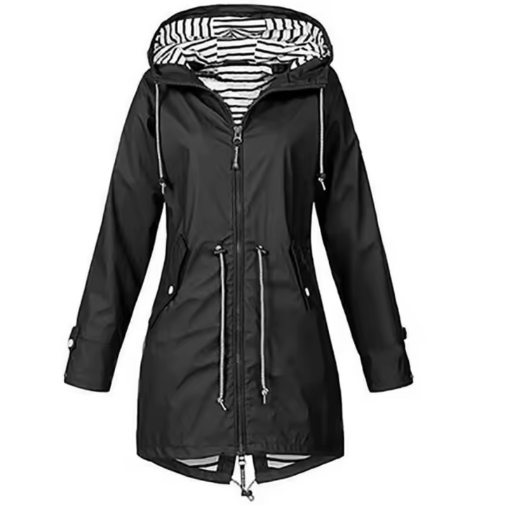 Parka impermeável feminina preta com capuz e cintura ajustável, proteção contra chuva e vento.