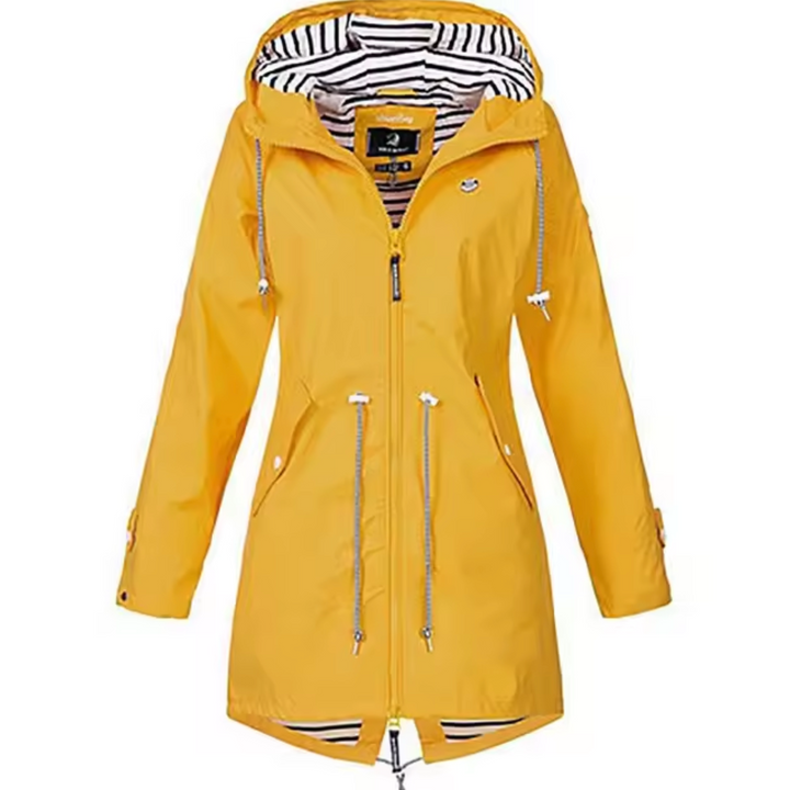 Parka feminina impermeável com capuz forrado e cintura ajustável, perfeita para dias de chuva e vento.