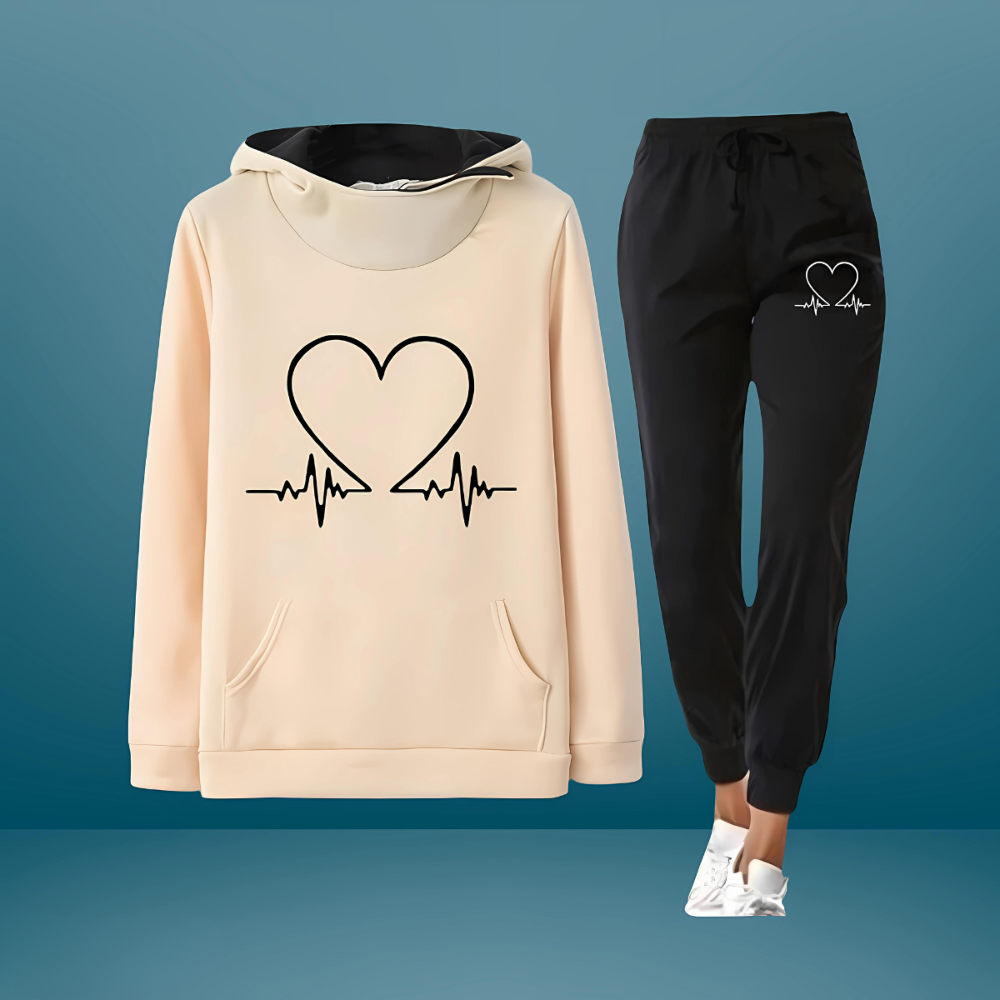 Conjunto feminino desportivo com hoodie e calças jogging. Ideal para conforto diário e moda casual.