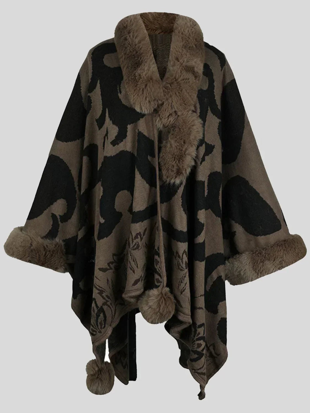 Poncho estampado de mulher com gola de pelo, ideal para um look casual e elegante no inverno.