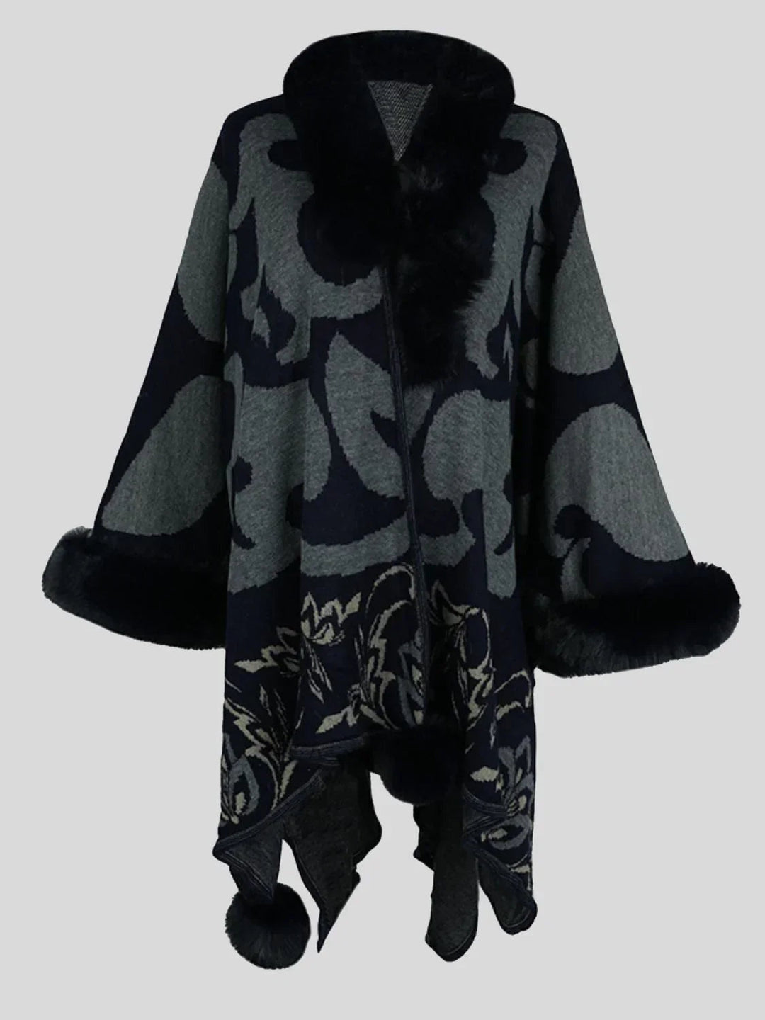 Poncho de mulher estampado com gola de pelo macio, estilo versátil para outono e inverno.