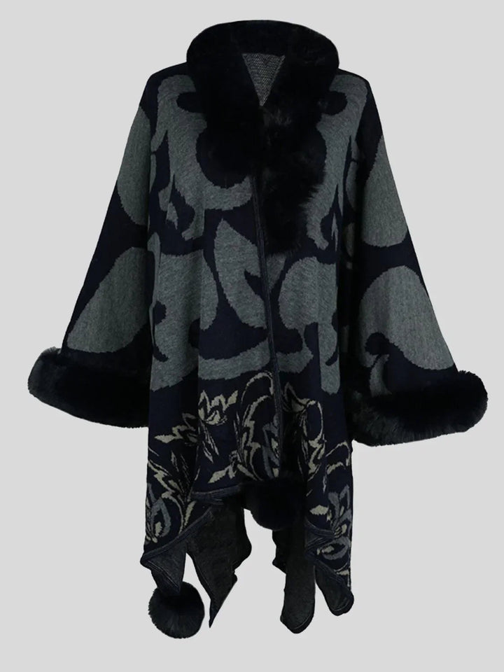 Poncho de mulher estampado com gola de pelo macio, estilo versátil para outono e inverno.