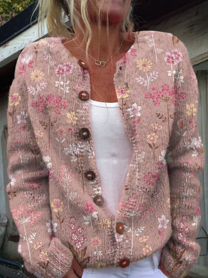Cardigã floral de manga longa para mulher, com botões. Design elegante e confortável para outono/primavera.