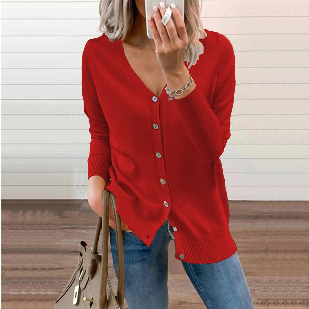 Cardigan de malha feminino com botões e decote V profundo. Perfeito para camadas na primavera.