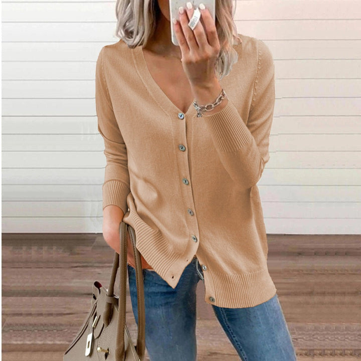 Cardigan casual de malha feminino, decote V, botões. Confortável e versátil para o dia a dia.