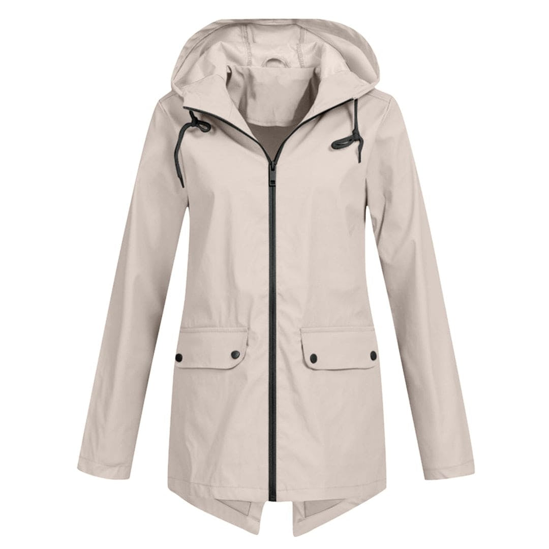 Casaco impermeável curto feminino com capuz, ideal para chuva outono/inverno.