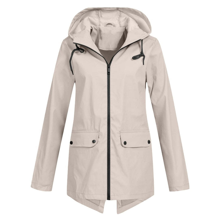 Casaco impermeável curto feminino com capuz, ideal para chuva outono/inverno.