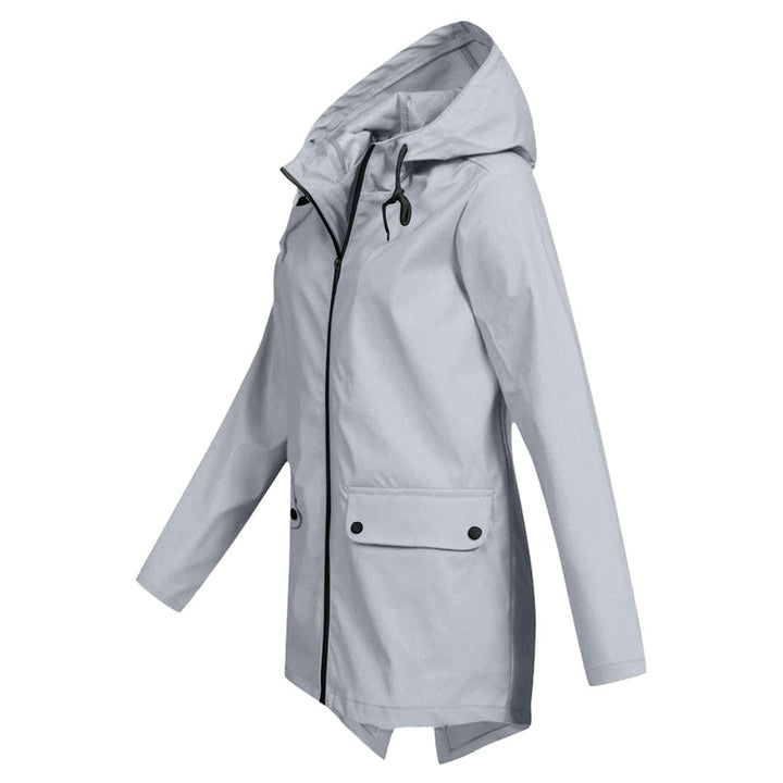 Casaco impermeável feminino curto com capuz, gabardina urbana para chuva e outono.