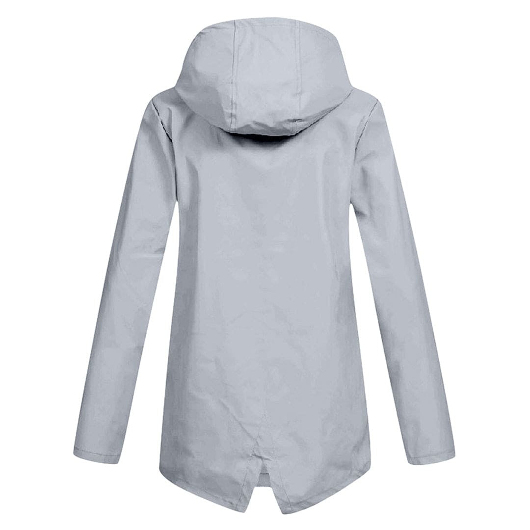 Roupa exterior feminina: casaco impermeável curto com capuz, prático para outono/inverno.