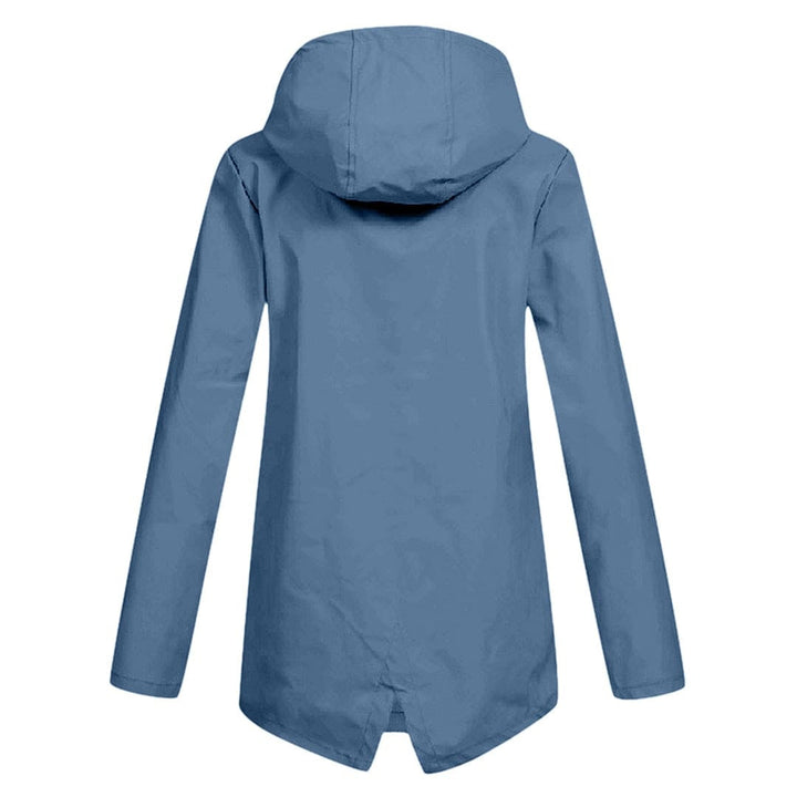 Casaco impermeável feminino casual, com capuz e corte curto, ideal para o dia a dia na chuva.