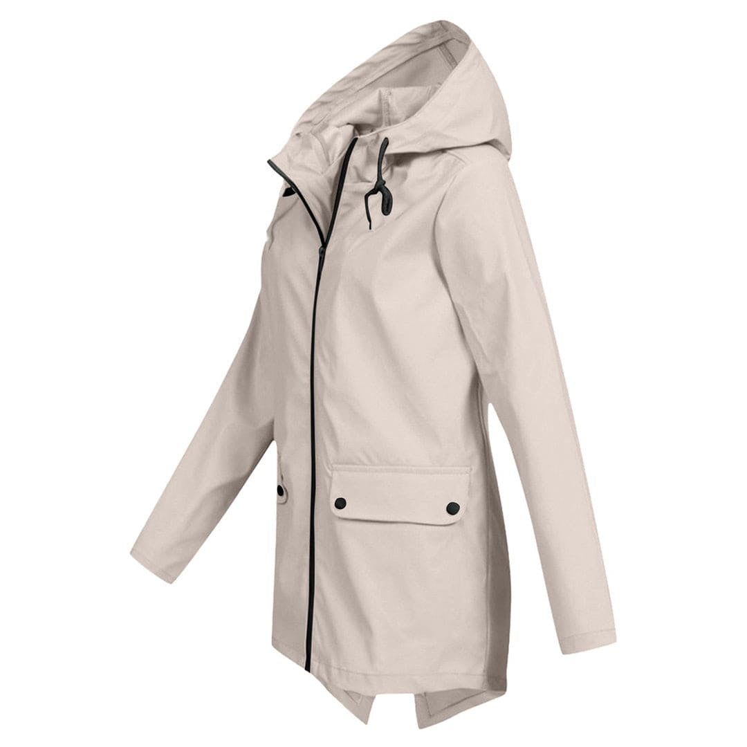 Gabardina curta impermeável para mulher, estilo urbano e casual, com capuz protetor.