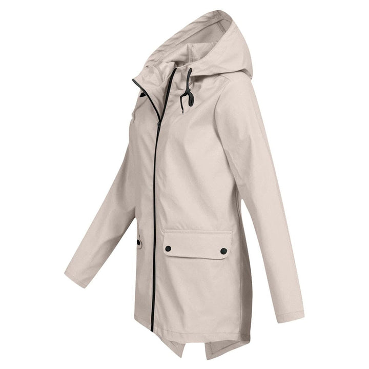 Gabardina curta impermeável para mulher, estilo urbano e casual, com capuz protetor.