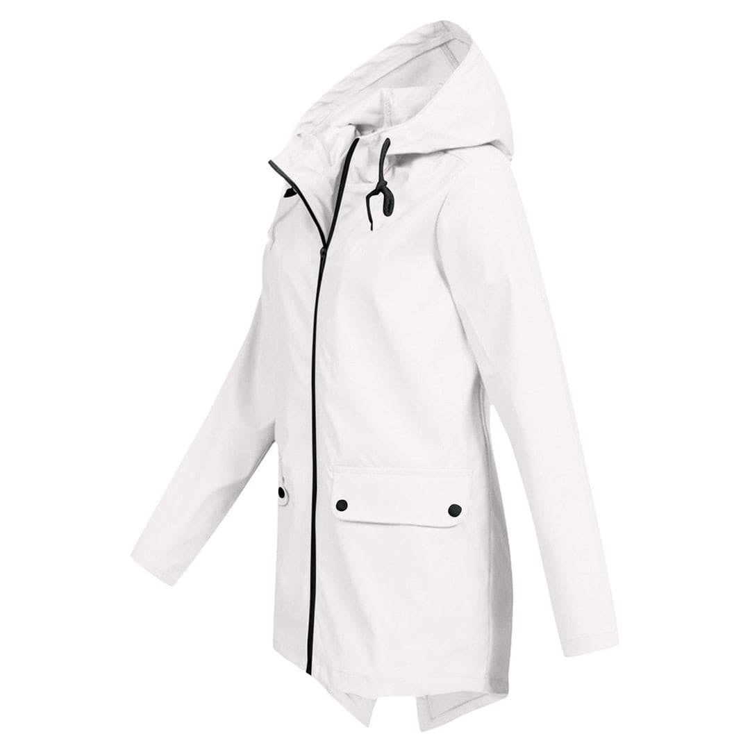 Casaco impermeável de mulher com capuz, versátil para outono/inverno, estilo casual e moderno.