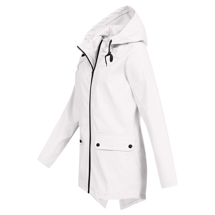 Casaco impermeável de mulher com capuz, versátil para outono/inverno, estilo casual e moderno.