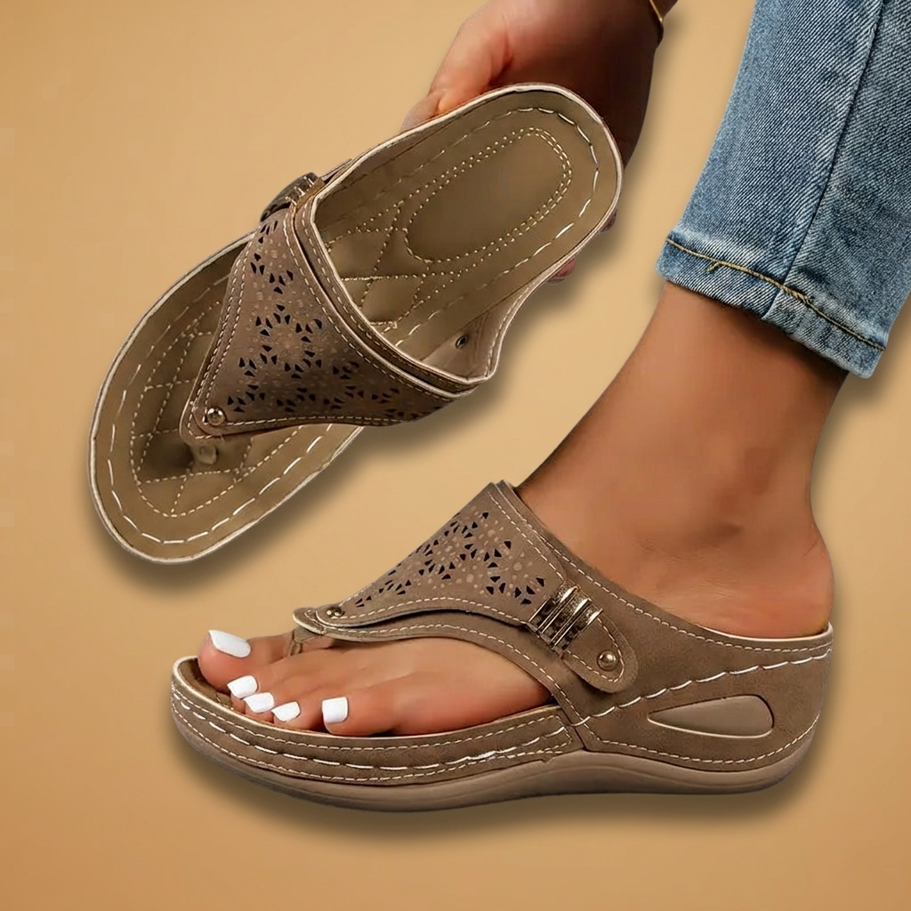 Chinelos femininos slip-on ortopédicos com cunha, projetados para conforto e bem-estar dos pés.