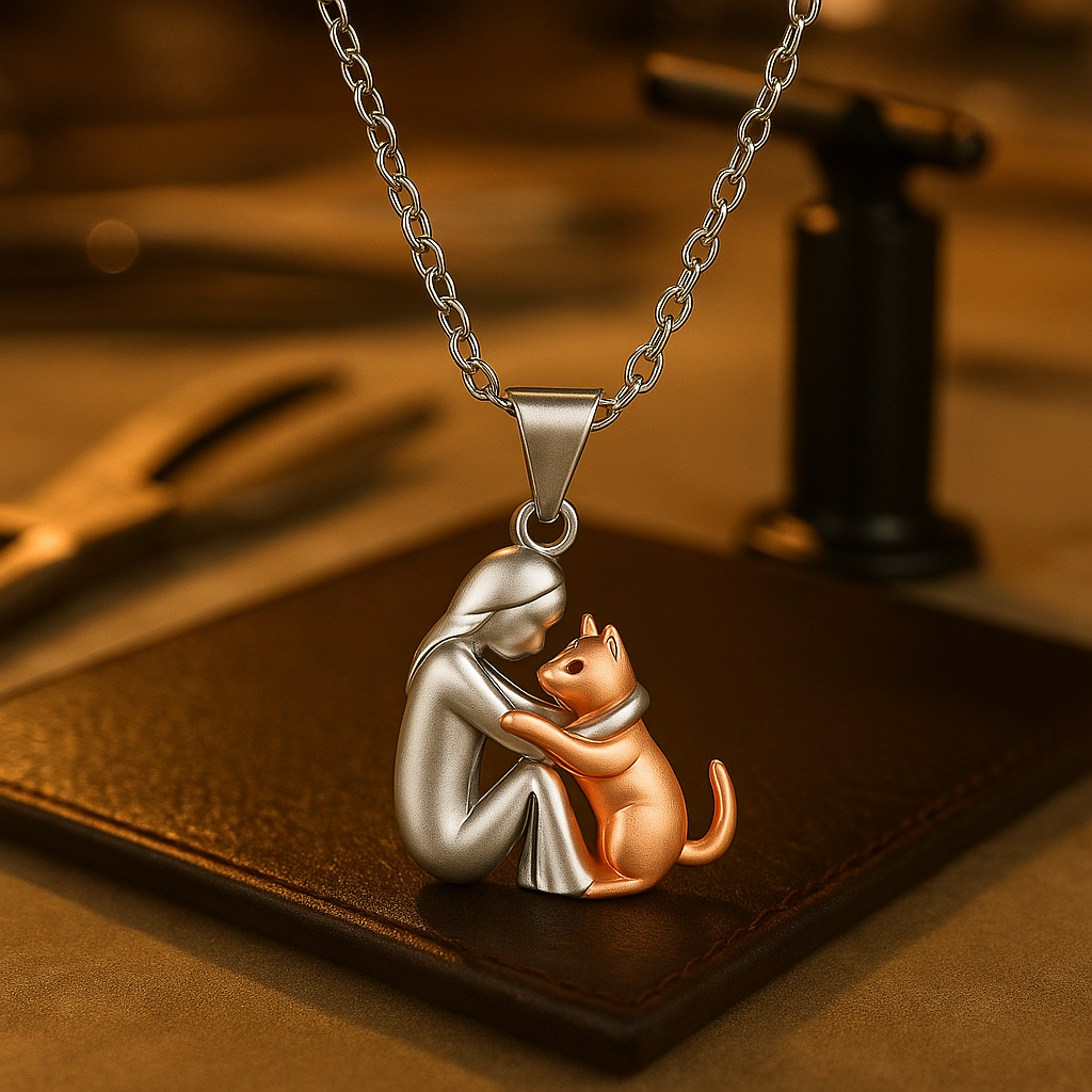 Colar feminino dourado de abraço com pingente pet. Joia ajustável, homenagem a cão ou gato, presente para mulher.