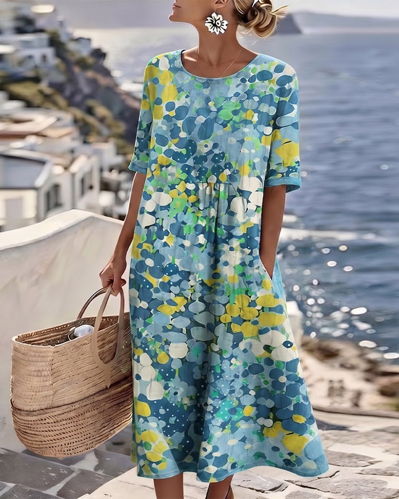 Vestido midi floral feminino, solto, leve e confortável. Perfeito para o verão casual elegante.