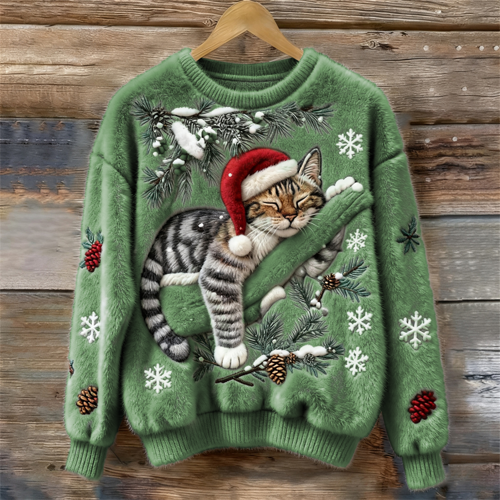 Camisola de Natal unissex com adorável gato adormecido em design 3D. Quente e festiva para o inverno.
