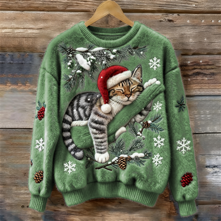 Camisola de Natal unissex com adorável gato adormecido em design 3D. Quente e festiva para o inverno.