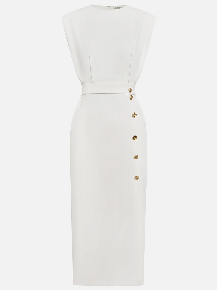 Vestido midi Aina elegante, decote redondo, fenda, feminino e versátil p/ qualquer ocasião.