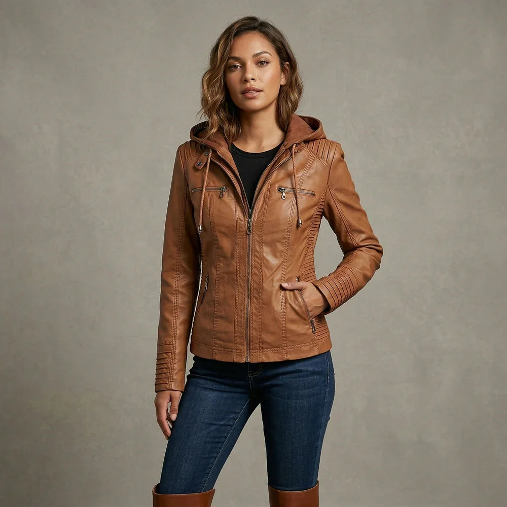 Jaqueta feminina Pia com capuz, estilo moderno e versátil para primavera/outono.