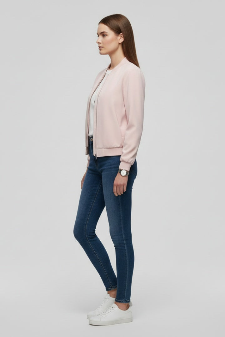 Roupa versátil: casaco bomber desportivo feminino. Perfeito para streetwear casual, primavera/outono.