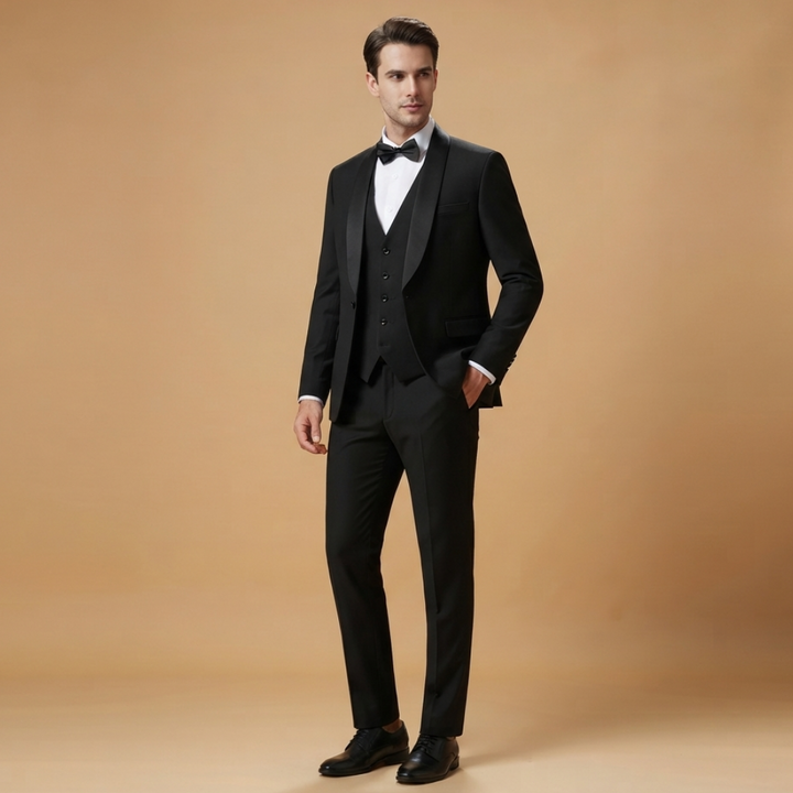 Elegante conjunto formal masculino de 3 peças: blazer, colete e calças sociais. Estilo clássico para eventos especiais.