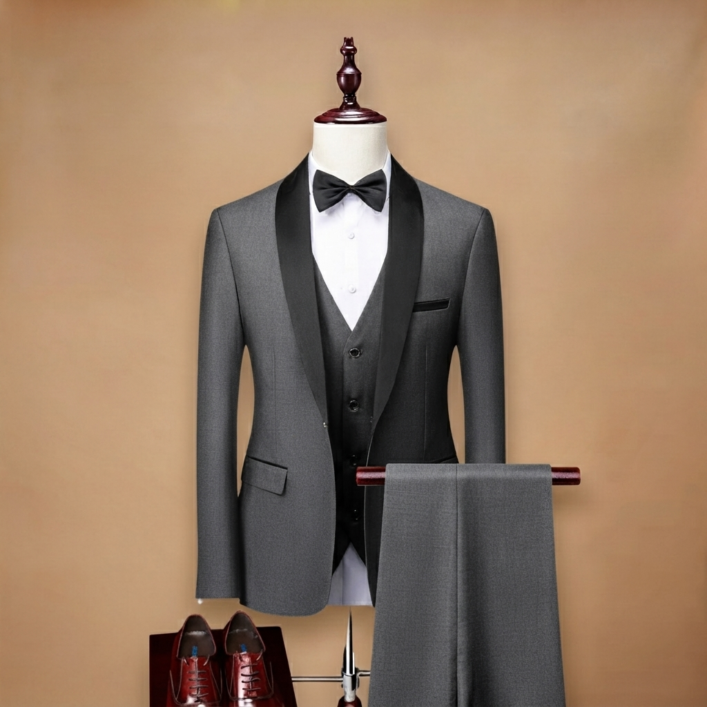 Fato de homem completo de 3 peças com colete, para um visual clássico e sofisticado. Ideal para eventos formais.