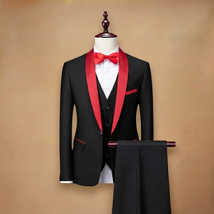 Elegância masculina: Fato formal clássico de 3 peças com colete, blazer e calças. Perfeito para ocasiões especiais.