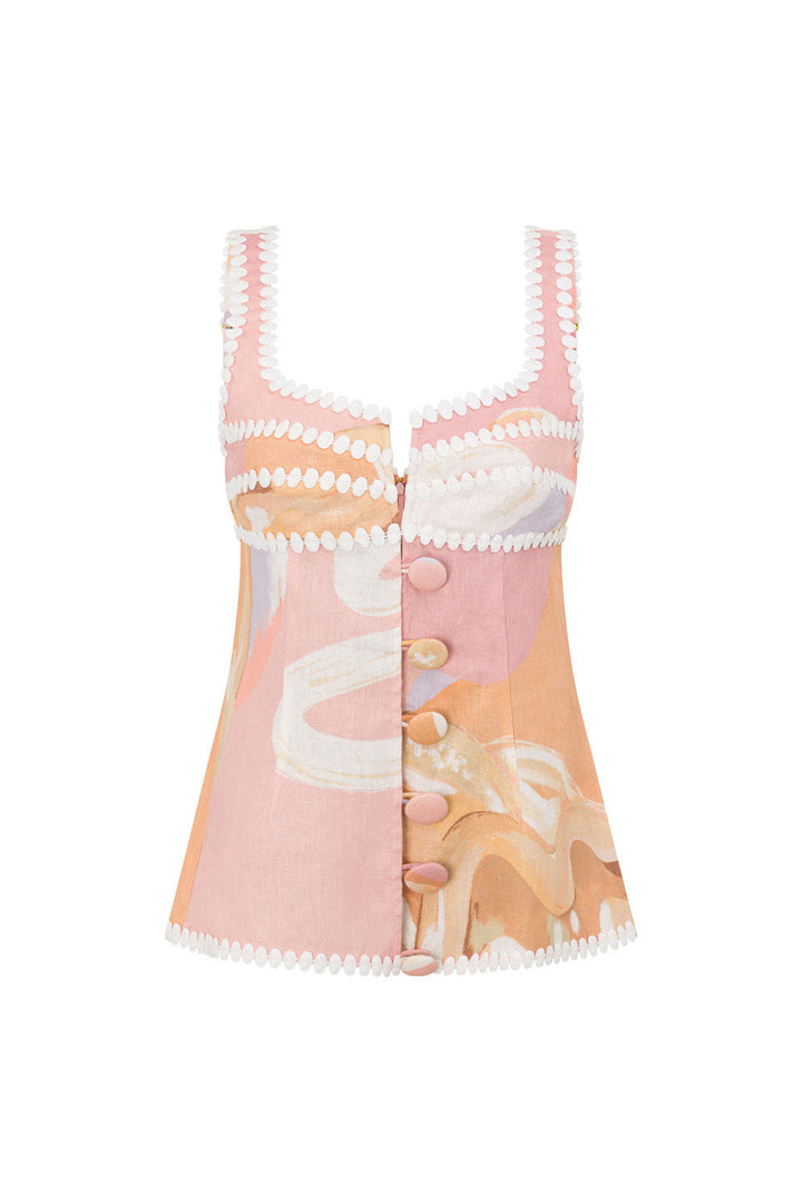 Confortável blusa feminina rosa de verão com estampa exclusiva, sem mangas, perfeita para dias quentes.