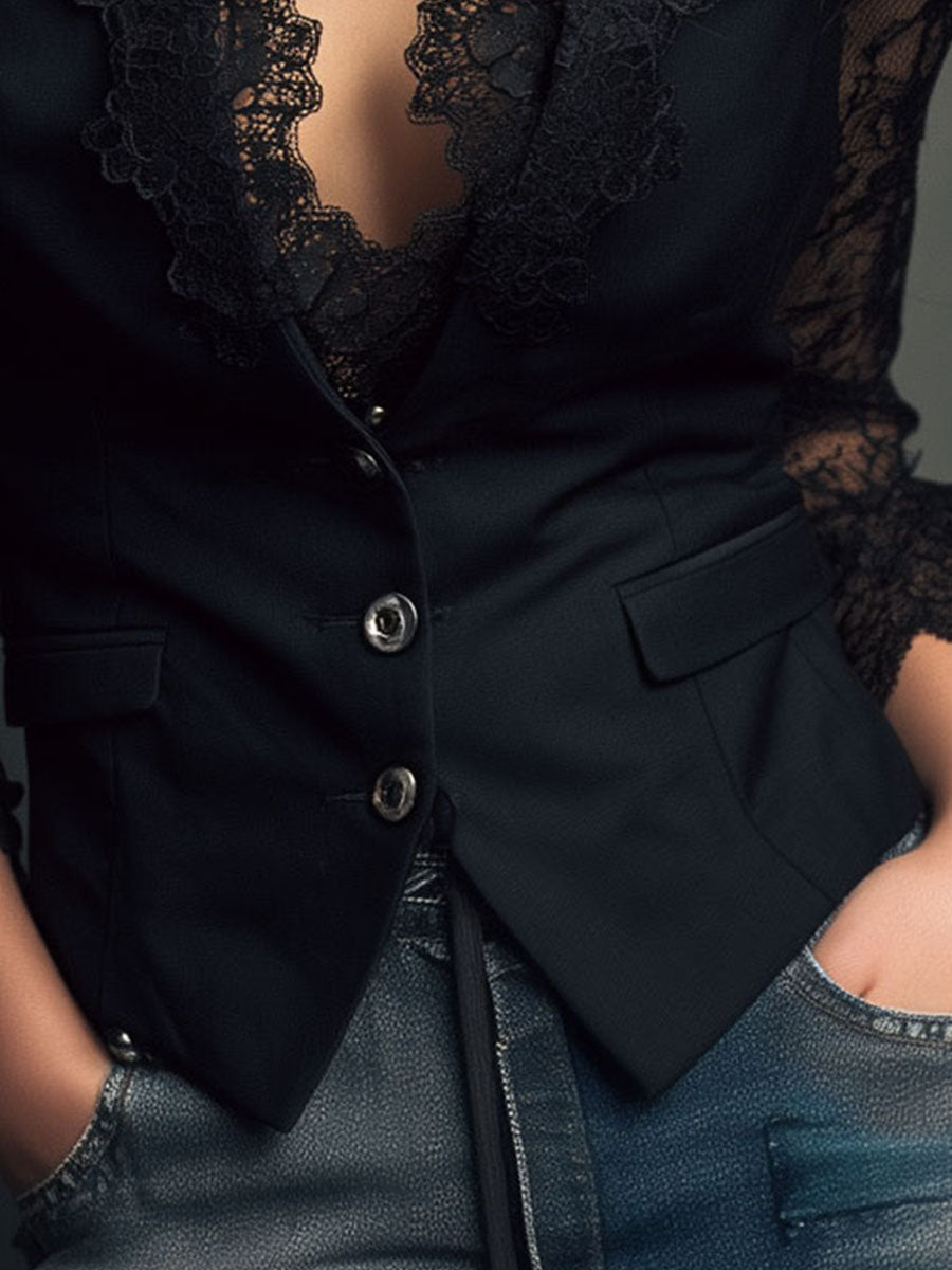 Blazer feminino verde musgo com renda, tendência elegante para moda feminina.
