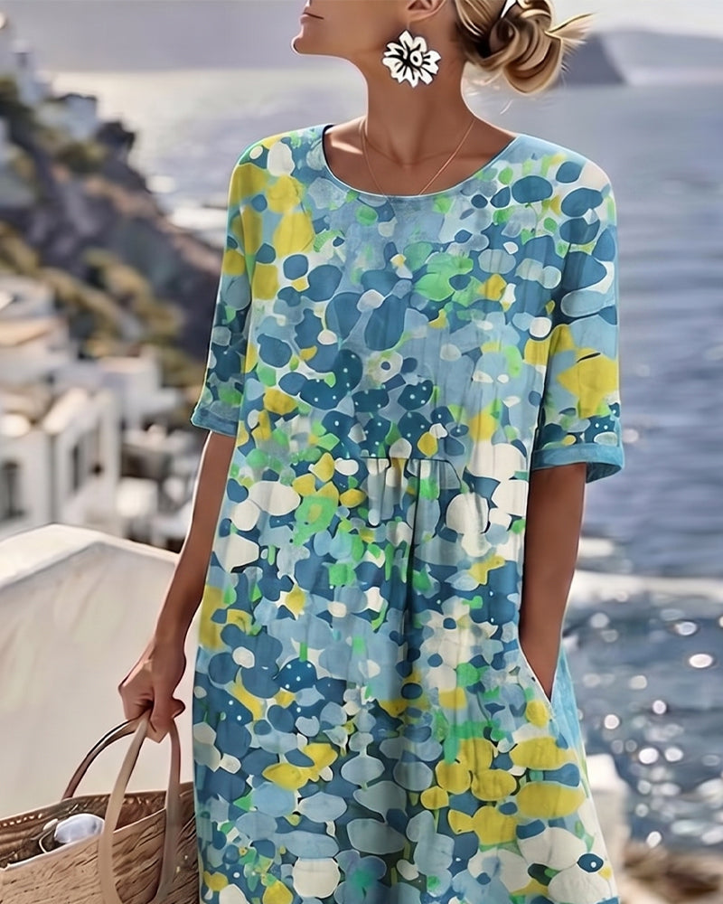 Estampa floral em vestido midi feminino solto e leve. Ideal para moda casual de verão/primavera.