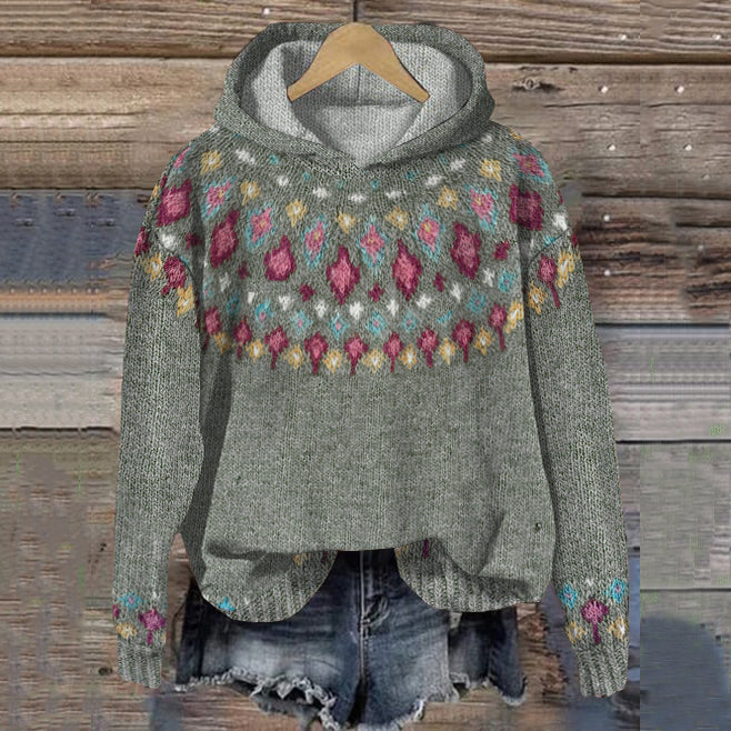 Casaco feminino com capuz nórdico, quente e confortável. Roupa de inverno estilo escandinavo, ideal para o frio.