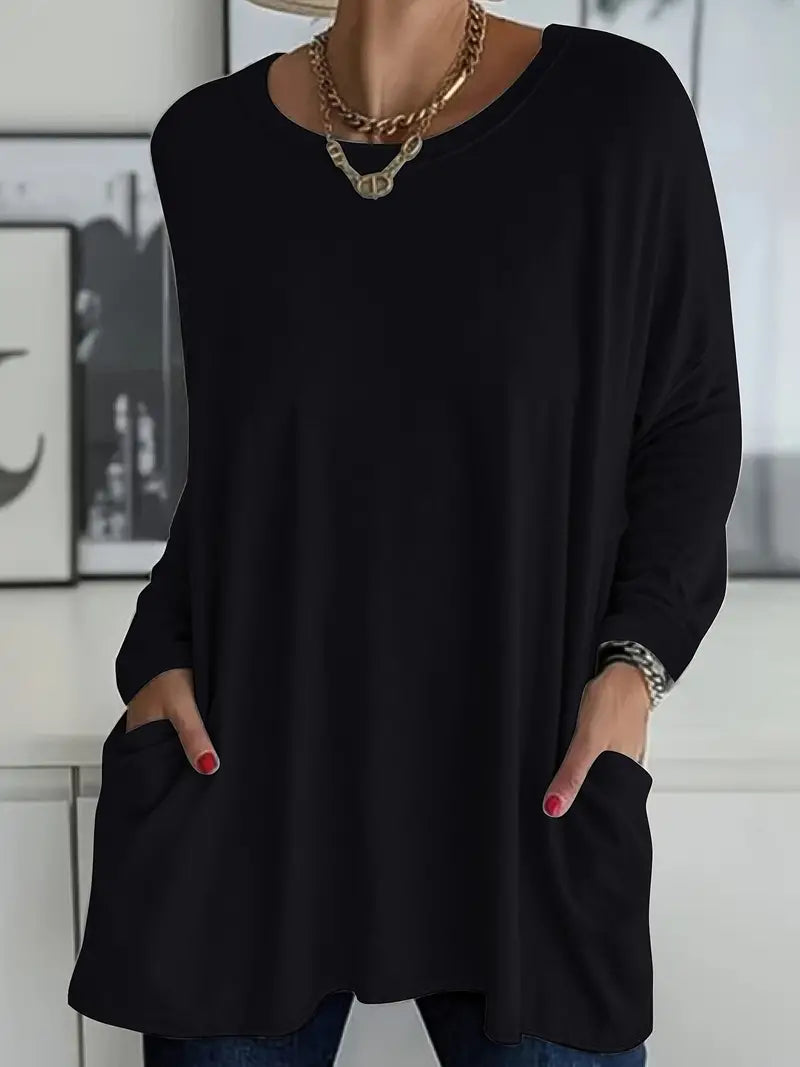 Blusa feminina longa e elegante, ideal para o dia a dia e trabalho, oferecendo conforto e estilo casual.
