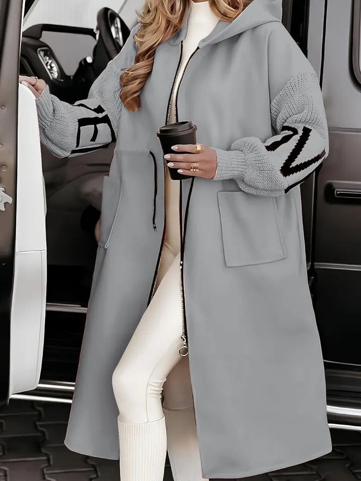 Casaco feminino de tricô comprido, com capuz, versátil para o inverno, casual ou elegante.