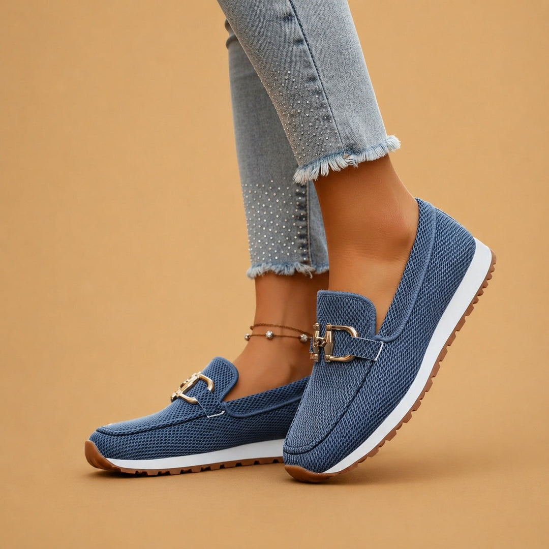 Sapatos conforto ortopédicos para senhora, mocassins femininos com suporte para os pés e fivela dourada.
