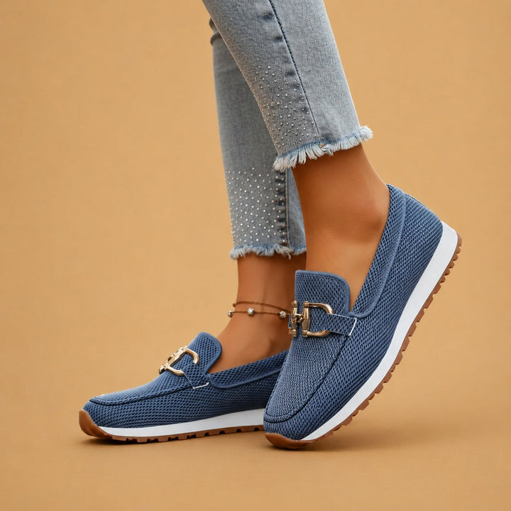 Sapatos conforto ortopédicos para senhora, mocassins femininos com suporte para os pés e fivela dourada.