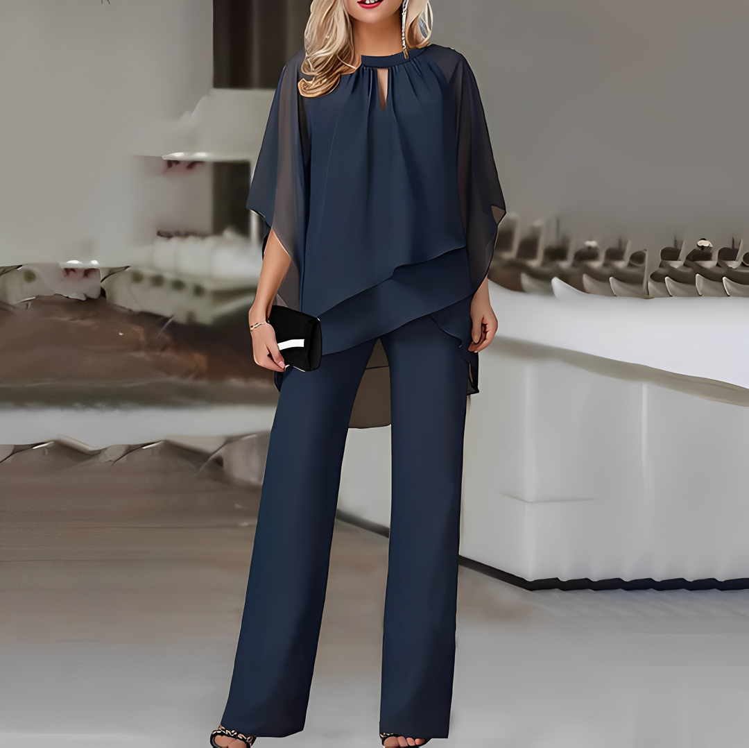 Roupa versátil: conjunto feminino formal de blusa elegante e calça larga. Estilo chique para moda trabalho.