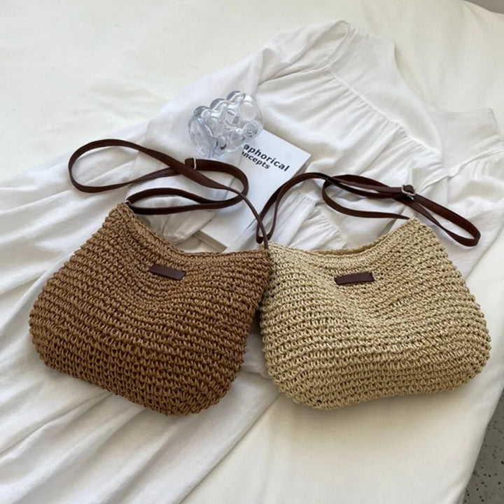 Bolsa feminina Camille trançada chic em tons neutros, perfeita para o verão e moda elegante. Acessório de ombro prático.