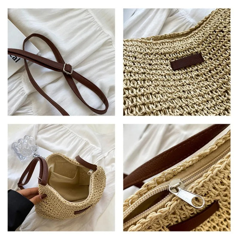 Bolsa feminina trançada chic Camille, acessório de moda elegante. Tons neutros, perfeita para o verão e prática no ombro.