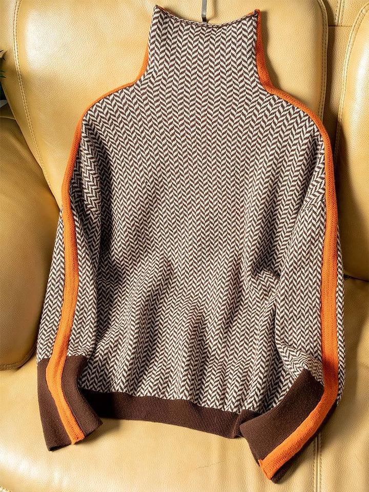 Suéter feminino com listras e gola alta, peça essencial para um look casual e elegante no outono inverno.