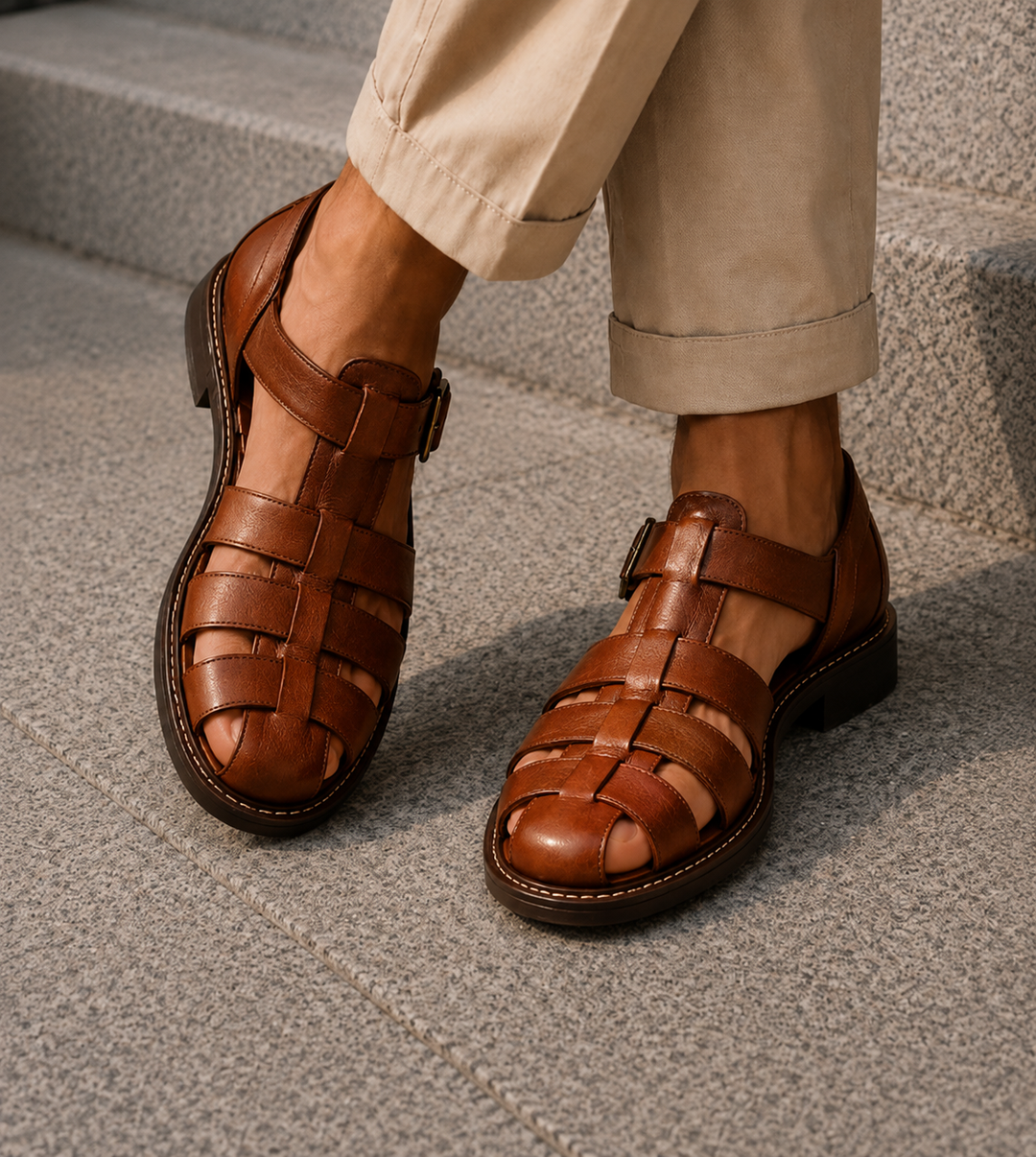Sandálias fechadas de homem, práticas e ajustáveis. Design pescador para proteção e conforto em atividades de verão.