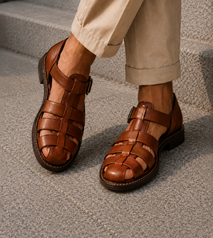 Sandálias fechadas de homem, práticas e ajustáveis. Design pescador para proteção e conforto em atividades de verão.