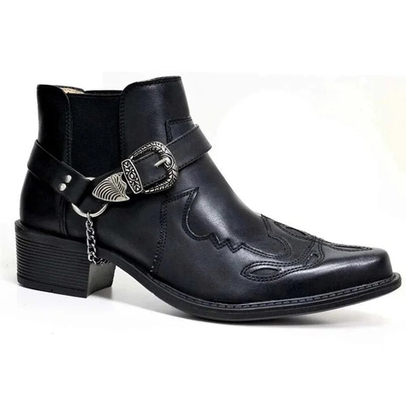 Botas cowboy femininas pretas estilo chelsea com fivela e corrente metálica. Perfeitas para outono/inverno, look rock urbano.