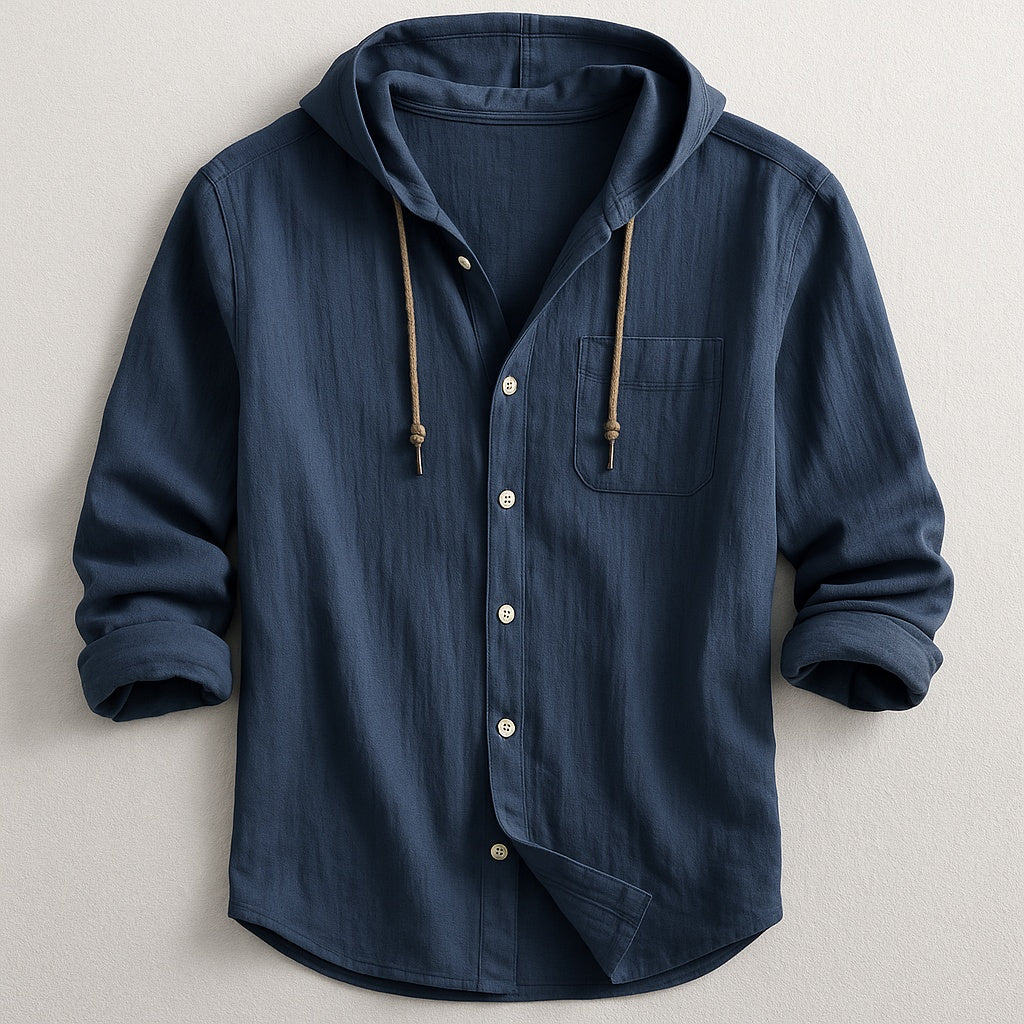 Camisa masculina de algodão e linho com capuz e manga comprida, ideal para look casual outono/primavera.
