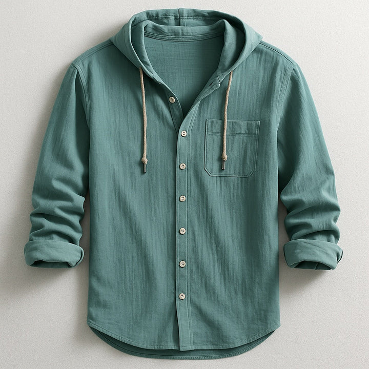 Confortável camisa masculina de algodão e linho com capuz, manga comprida, perfeita para estilo casual e versátil.