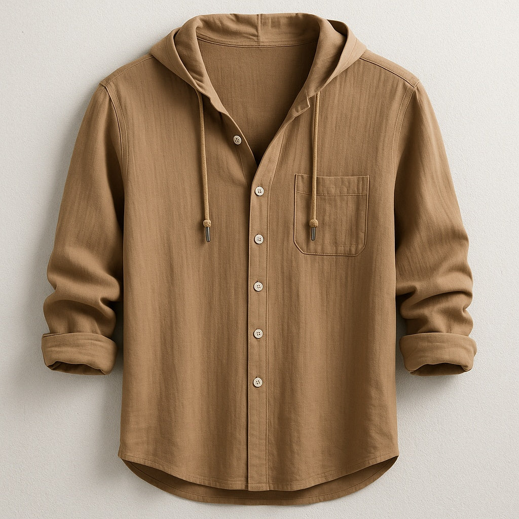 Camisa de algodão e linho masculina com capuz e manga comprida, ótima para outono/primavera, toque casual.