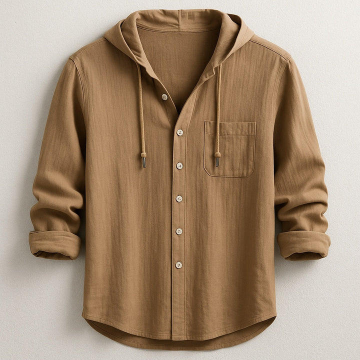 Camisa de algodão e linho masculina com capuz e manga comprida, ótima para outono/primavera, toque casual.
